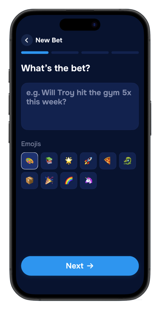 Creating a wager in the Shake app